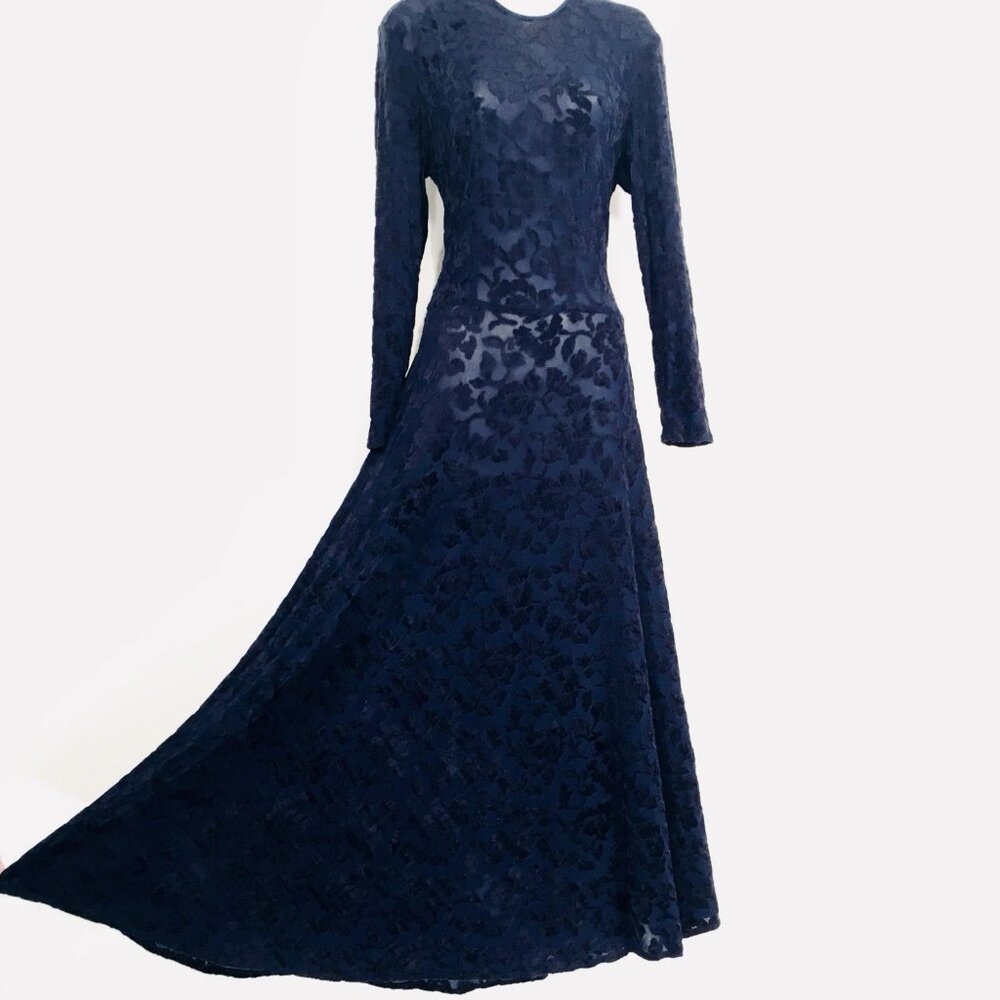 Vtg Midnight Blue Velvet Burn Out Maxi Dress Sz M Floral Semi Sheer FairyGoth